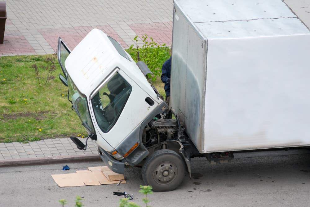 Broken-down truck parked on the side of the street due to mechanical failure.