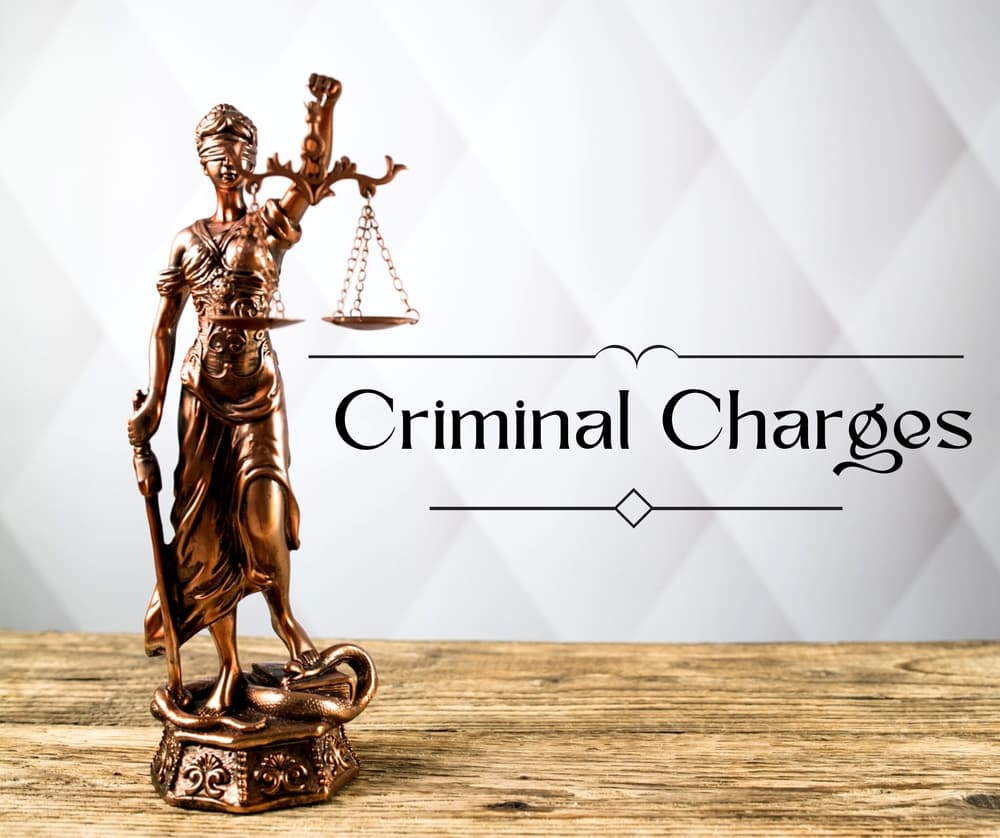 A professional image symbolizing criminal charges, with a gavel, handcuffs, and legal documents arranged on a desk. Perfect for criminal law content.