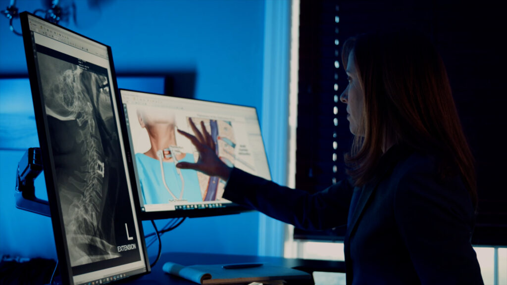 Médico revisando una imagen de rayos X en la pantalla de una computadora