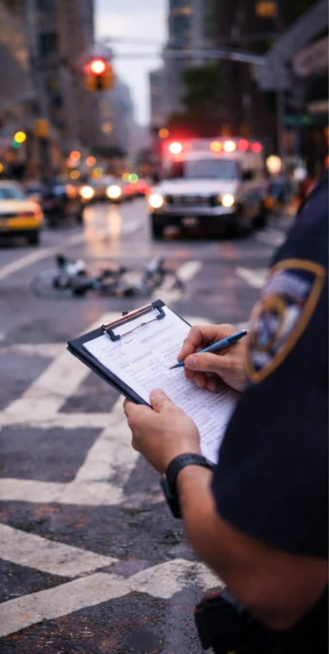 Police officer documenting a bicycle accident at an urban intersection with emergency vehicles in the background