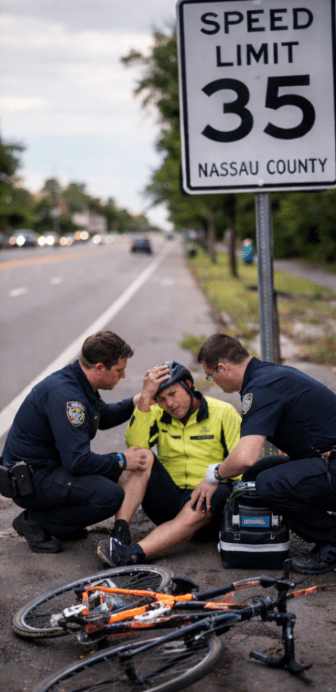 Injured cyclist receiving assistance from police officers on the roadside near a speed limit sign