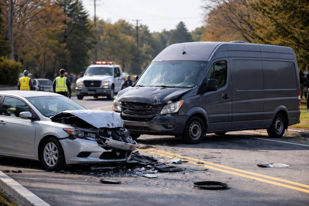 Commercial Delivery Van Accident Causing Severe Car Damage Commercial delivery van accident on suburban road with heavily damaged passenger car in foreground and minor front-end damage to van.