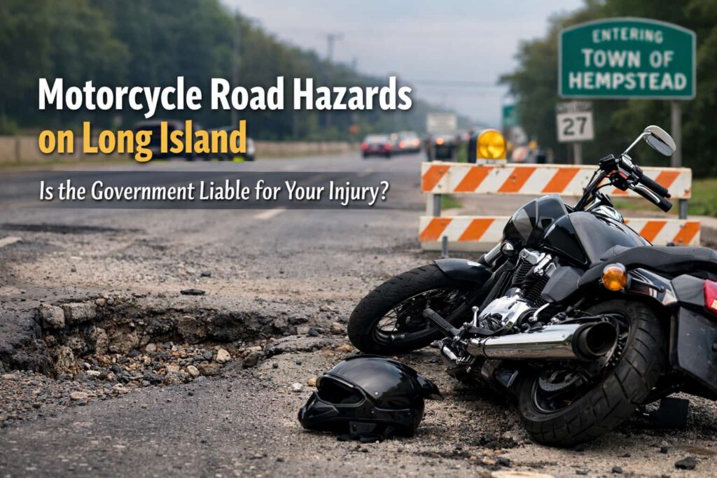 Motorcycle near large pothole on damaged Long Island road highlighting dangerous road hazards and liability risks