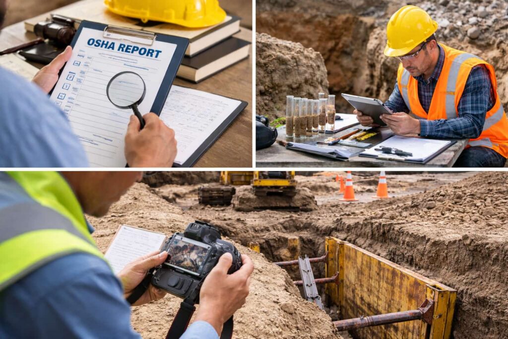 Construction site investigation showing OSHA report review, soil analysis, and trench inspection to prove contractor negligence